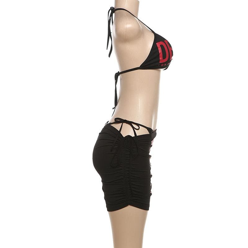 Fall Getaway Ready: Bold Graphic Halter Crop Top & Ruched Mini Skirt Set – Your Statement Night Out & Vacation Essential