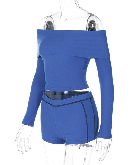 Cozy Chic Cobalt Blue Ribbed Off-Shoulder Long Sleeve Crop Top & Shorts Set - Fall Lounge Essential
