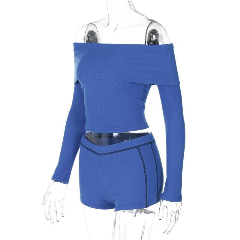 Cozy Chic Cobalt Blue Ribbed Off-Shoulder Long Sleeve Crop Top & Shorts Set - Fall Lounge Essential