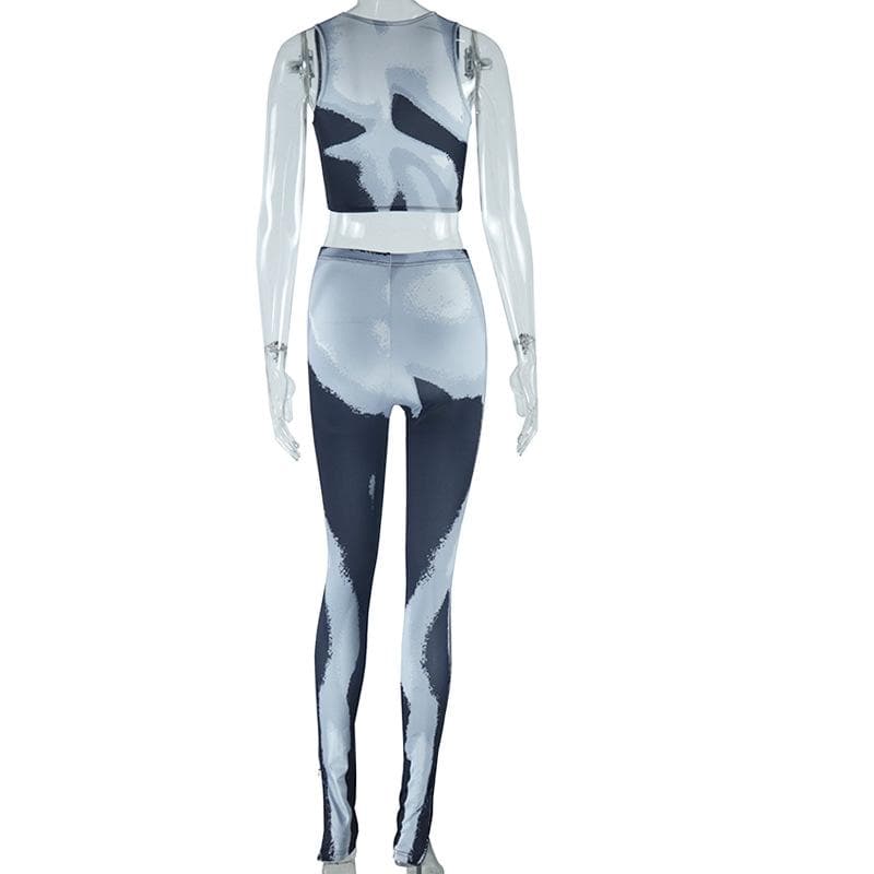 Fall Forward Abstract Swirl Print Athleisure Set - Zip Crop Top & High-Waist Leggings