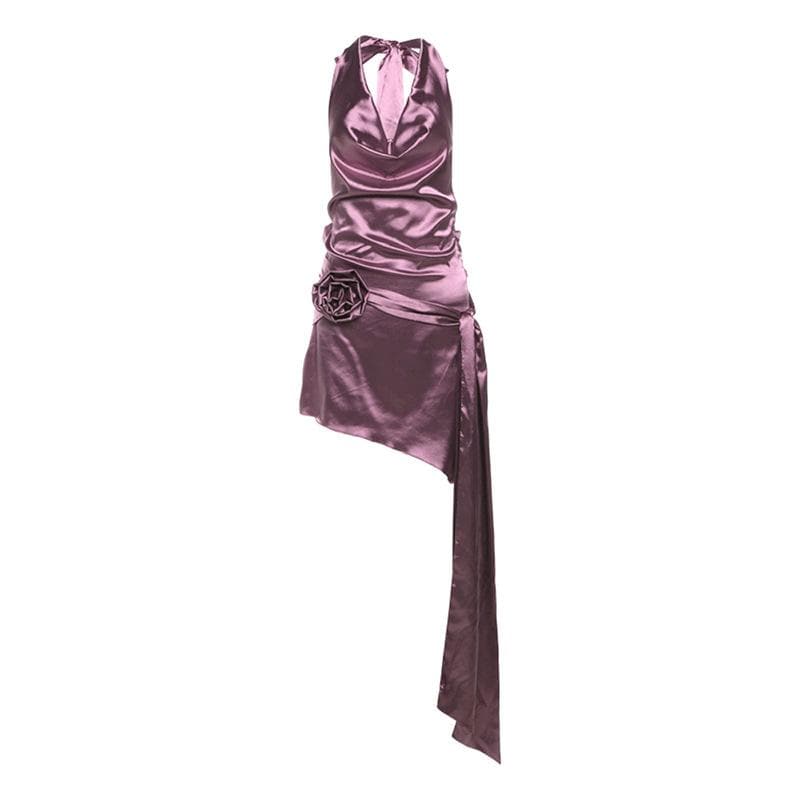 Plum Satin Halter Mini Dress: Cowl Neck Asymmetrical Drape for Fall & Holiday Parties