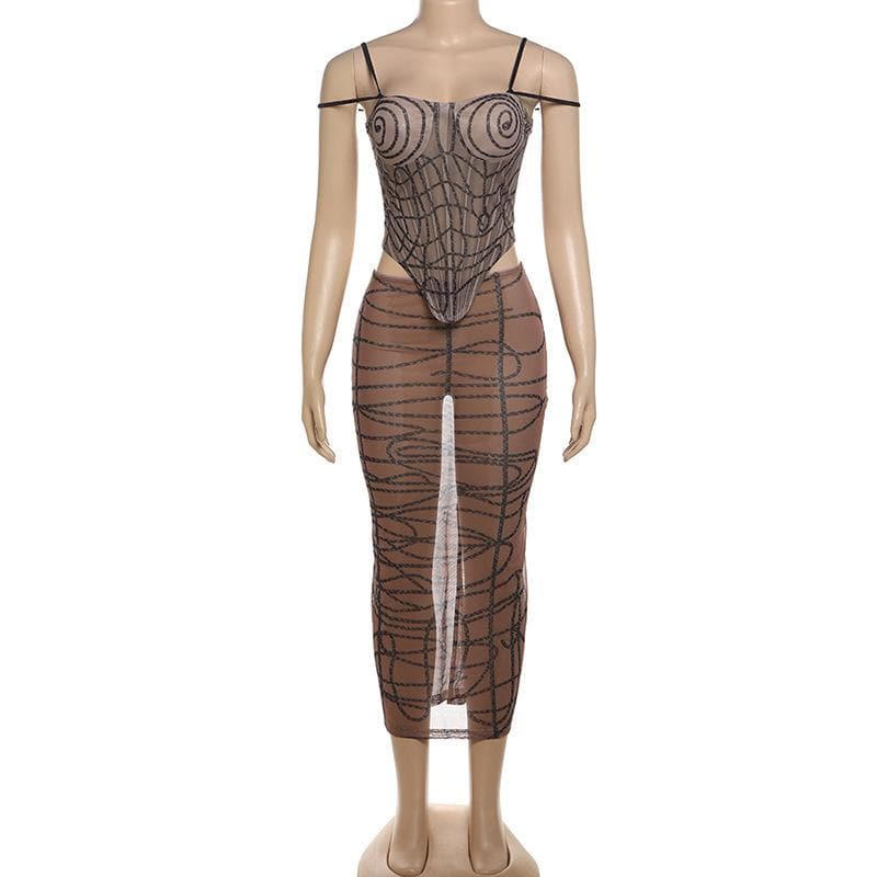 Bewitching Sheer Mesh Spiderweb Print Cami & Midi Skirt Set - Your Ultimate Fall & Halloween Statement