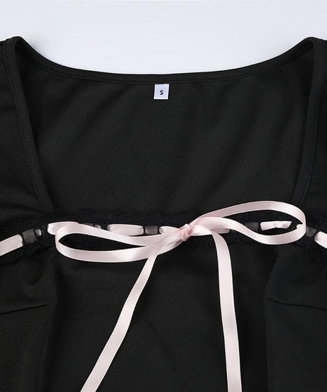 Chic Fall Coquette Black Pleated Mini Dress | Square Neck Long Sleeve & Ribbon Detail