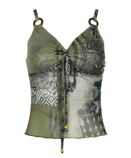 Y2K Boho Chic Patchwork Mesh Cami Top - O-Ring Ruched Detail for Fall