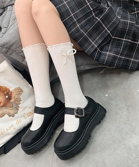 Autumn Chic: Faux Pearl Bowknot Ribbed Ruffle Knee-High Socks for Women