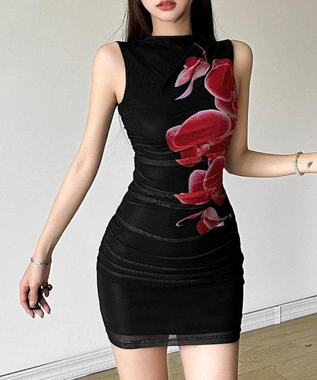Sultry Orchid Blossom Mock Neck Mini Dress - Black Ruched Mesh for Fall & Holiday Parties
