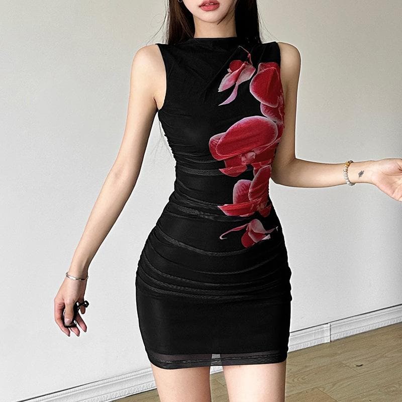 Sultry Orchid Blossom Mock Neck Mini Dress - Black Ruched Mesh for Fall & Holiday Parties