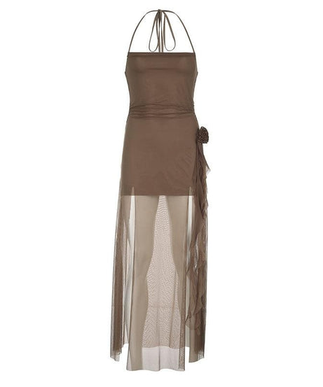 Autumn Ember Halter Mesh Maxi Dress | Sheer Slit Gown with Ruched Detail