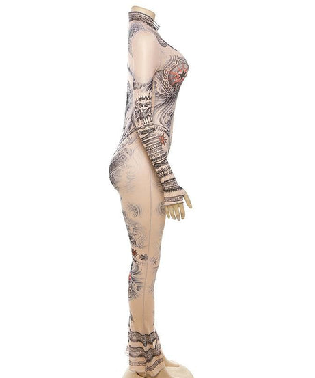 Illusion Tattoo Print Mesh Jumpsuit - Second Skin Fall & Halloween Statement Piece