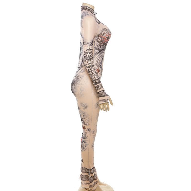 Illusion Tattoo Print Mesh Jumpsuit - Second Skin Fall & Halloween Statement Piece