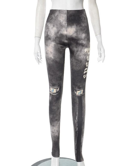 Fall Edgy Cloud Print Matching Set - Women's Zip-Up Top & Leggings with Money Patches