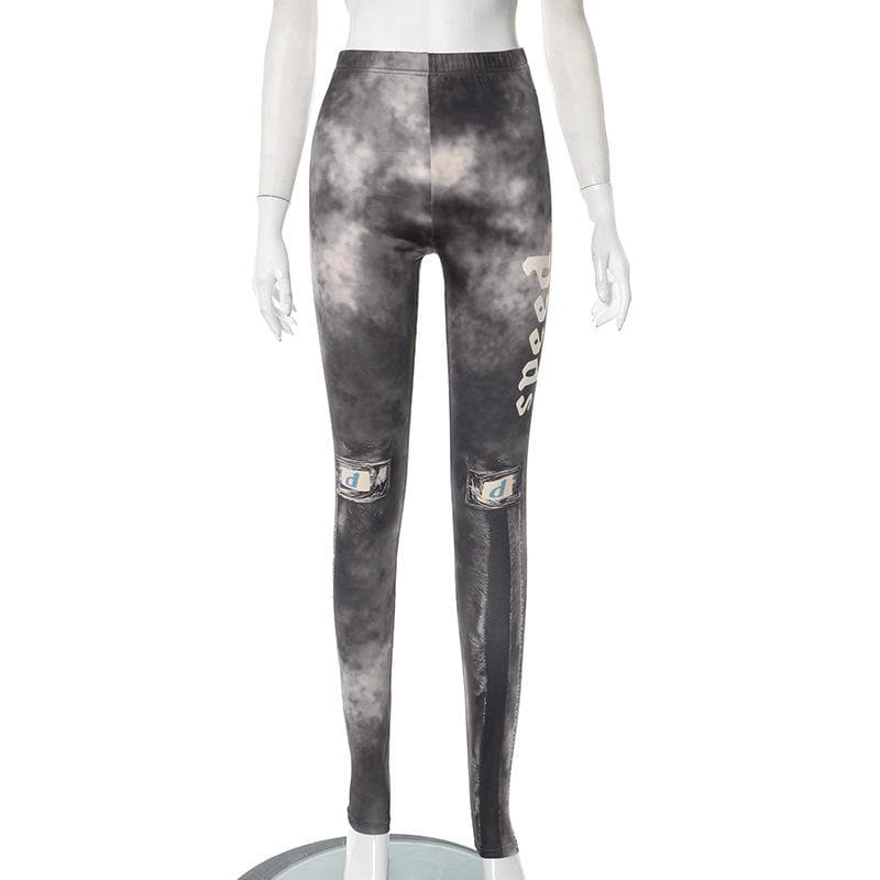 Fall Edgy Cloud Print Matching Set - Women's Zip-Up Top & Leggings with Money Patches