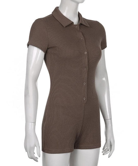 Chic Fall Essential: Women's Ribbed Polo Button Romper - Cozy Espresso Brown One-Piece