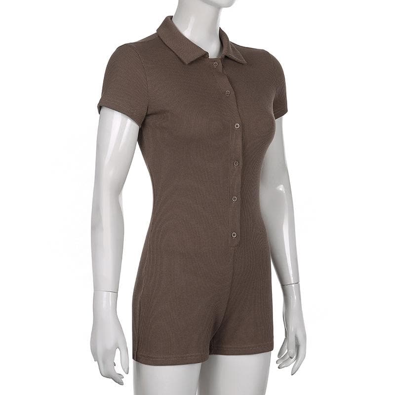 Chic Fall Essential: Women's Ribbed Polo Button Romper - Cozy Espresso Brown One-Piece