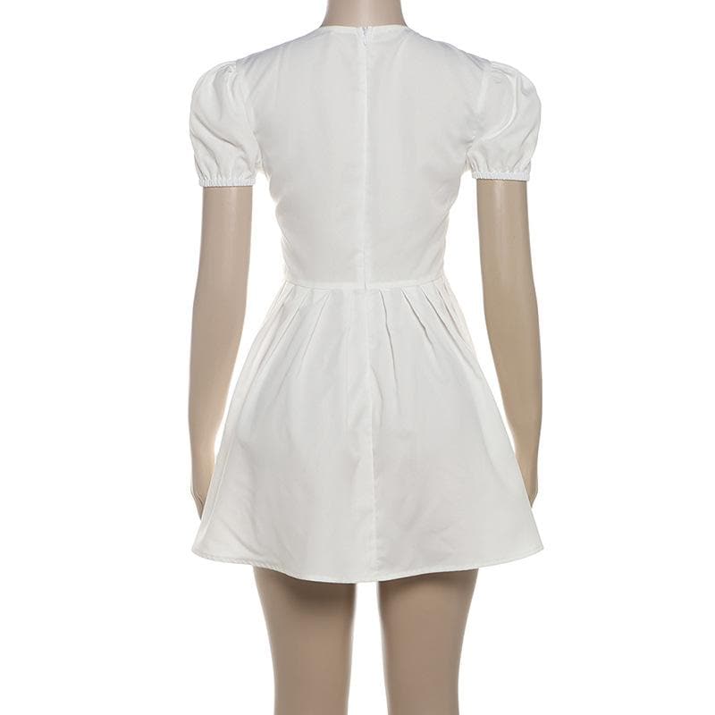 Coquette Fall Vibe: White Puff Sleeve Mini Dress with Sweetheart Tie-Front