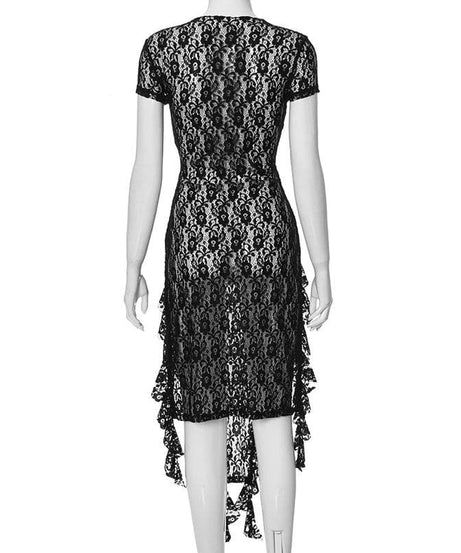 Obsidian Allure: Black Lace Ruffle High-Slit Mini Dress - Fall & Holiday Party Ready