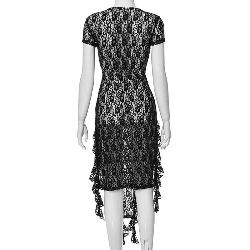 Obsidian Allure: Black Lace Ruffle High-Slit Mini Dress - Fall & Holiday Party Ready