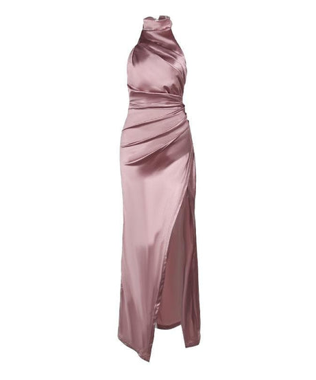 Showstopping Dusty Rose Satin Halter Maxi Dress with Slit - Your Ultimate Holiday Party & Gala Gown