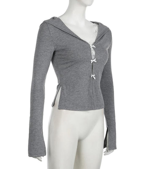 Fall Coquette Bow-Front Hooded Crop Top - Y2K Lace-Trim Long Sleeve for Women