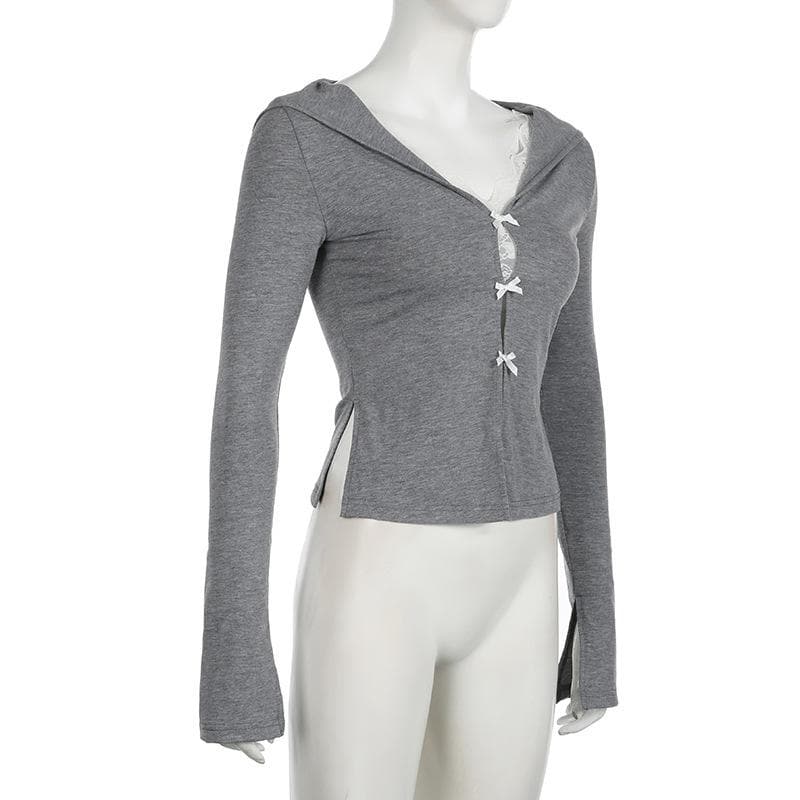 Fall Coquette Bow-Front Hooded Crop Top - Y2K Lace-Trim Long Sleeve for Women
