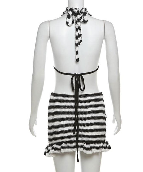 Fall Getaway Chic: Striped Knit Halter Top & Ruffle Mini Skirt Set