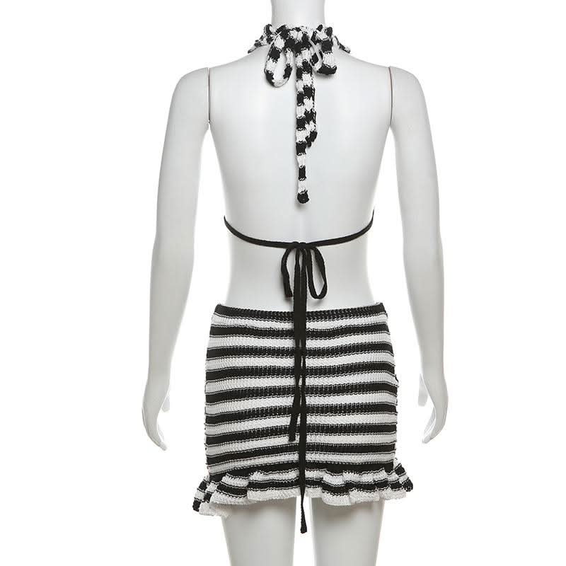 Fall Getaway Chic: Striped Knit Halter Top & Ruffle Mini Skirt Set
