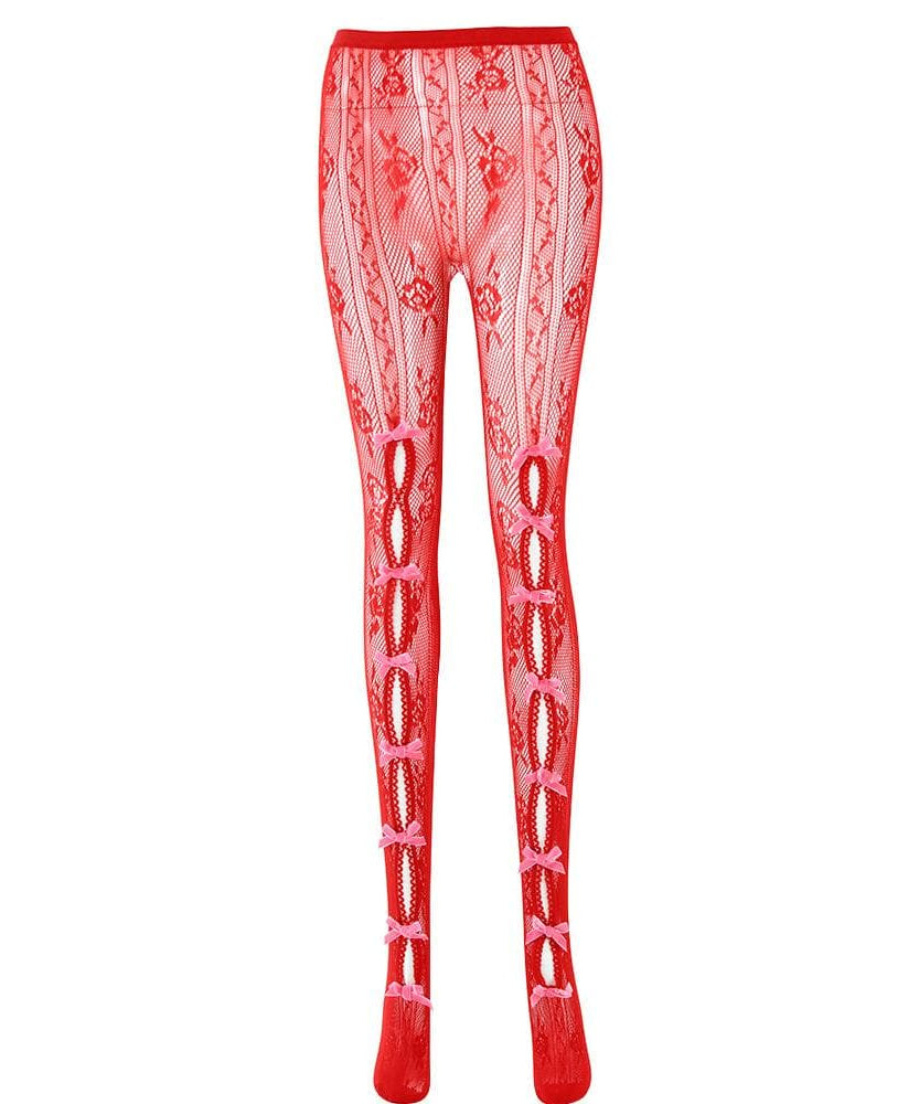 Sultry Red Lace & Bowknot Fishnet Tights - Daring Cut-Out Hosiery for Halloween & Beyond