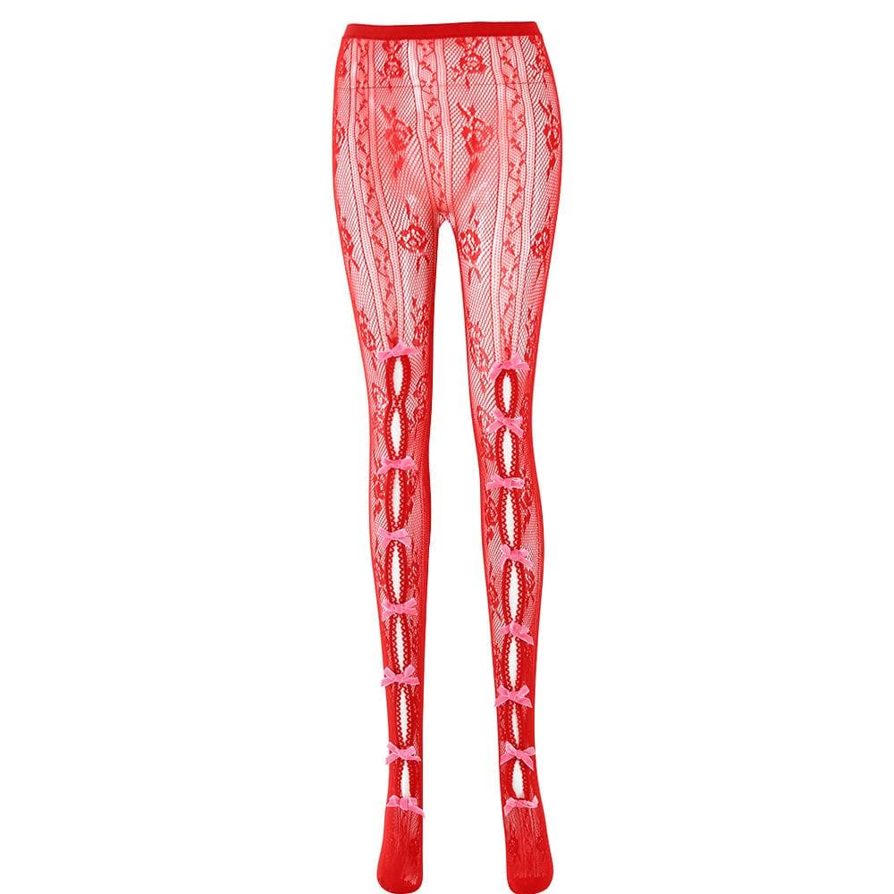 Sultry Red Lace & Bowknot Fishnet Tights - Daring Cut-Out Hosiery for Halloween & Beyond