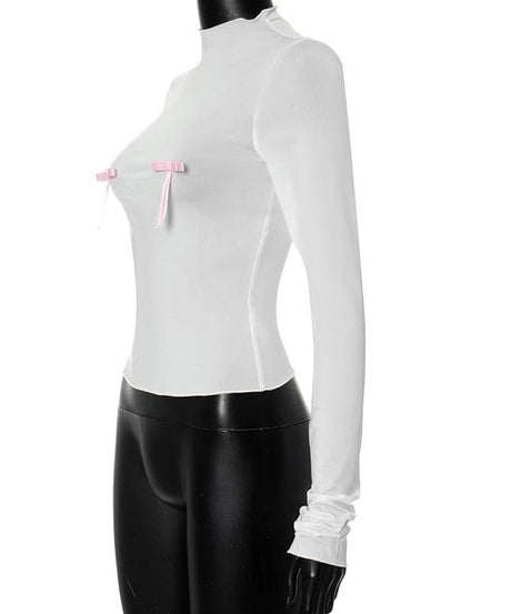 Flirty Coquette Pink Bow Sheer Mesh Mock Neck Top - Fall Layering & Party Essential