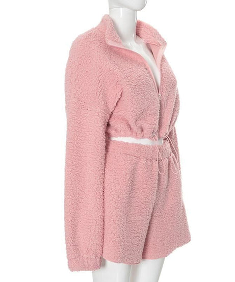 Cozy Chic Pink Sherpa Loungewear Set: Cropped Zip-Up Top & Comfy Shorts for Fall