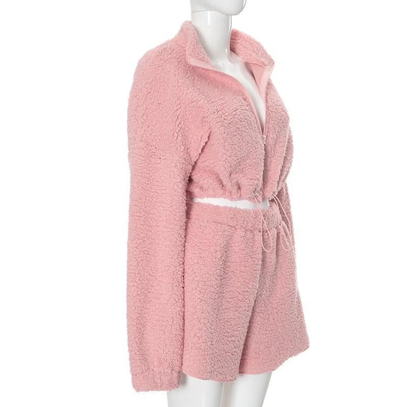 Cozy Chic Pink Sherpa Loungewear Set: Cropped Zip-Up Top & Comfy Shorts for Fall