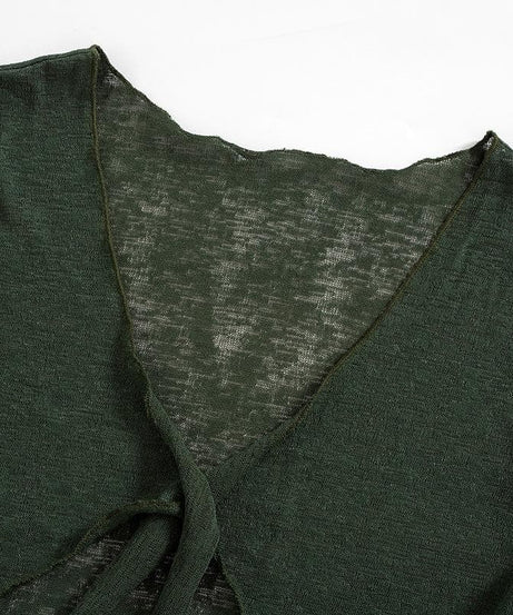 Sultry Sage Sheer Knit Two-Piece Set | Tie-Front Crop Top & Ruched Mini Skirt for Daring Fall Nights