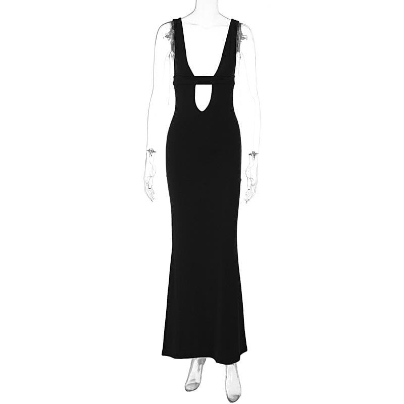 The "IT" Girl Plunge Cutout Maxi Dress - Sleek Black for Fall Galas & Holiday Soirees