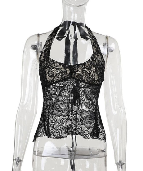 Chic Black Floral Lace Halter Top - Elevate Your Fall & Holiday Style