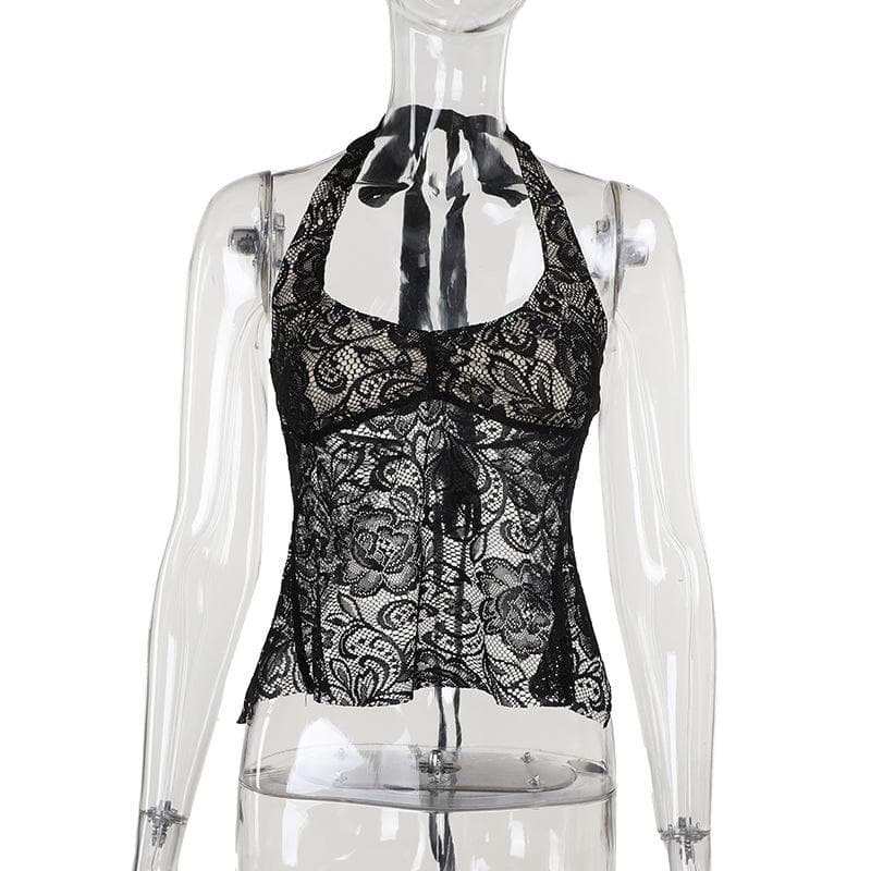 Chic Black Floral Lace Halter Top - Elevate Your Fall & Holiday Style