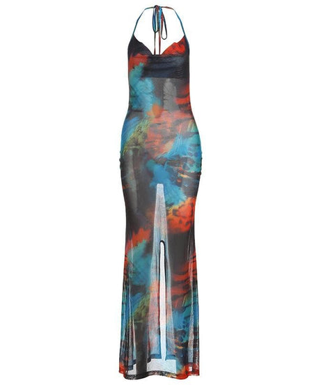 Vibrant Tie-Dye Mesh Maxi Dress – Cowl Neck Halter Backless for Fall Events & Escapes