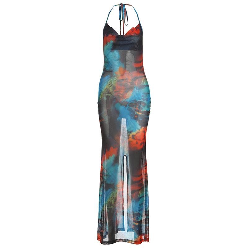 Vibrant Tie-Dye Mesh Maxi Dress – Cowl Neck Halter Backless for Fall Events & Escapes