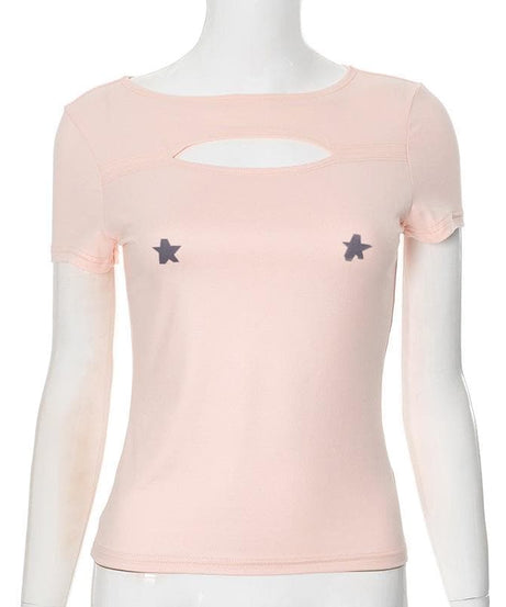 Star Struck Cutout Crop Top | Y2K Celestial Tee for Fall Nights & Halloween Fun