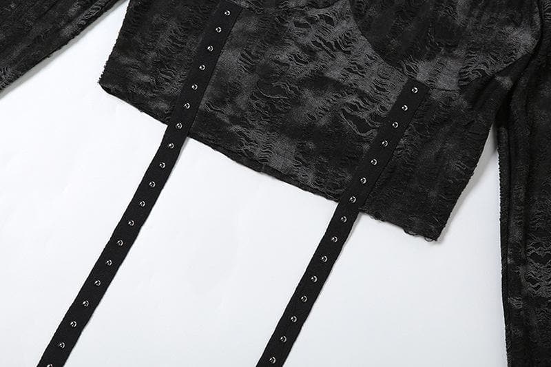 Mystique Velvet Cold Shoulder Cropped Hoodie | Edgy Studded Gothcore Top for Fall & Halloween