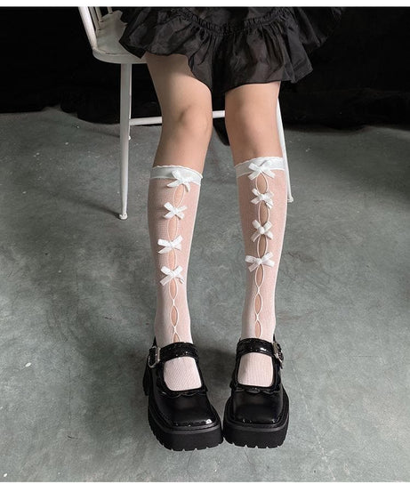 Gothic Glam Black Bow Knee-High Socks | Alt-Fashion Hosiery for Fall & Halloween