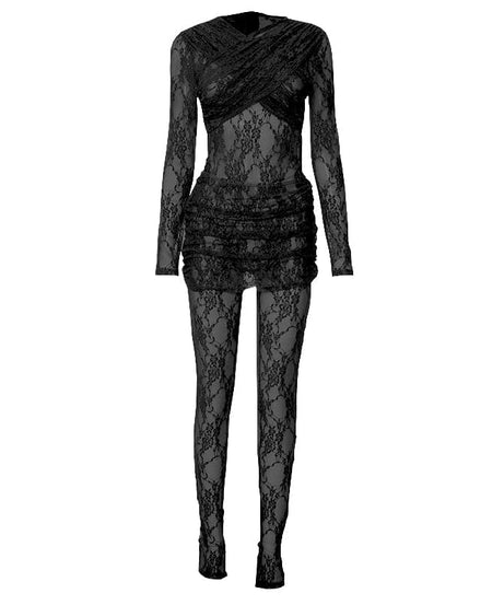 Gothic Chic Sheer Lace Mini Dress & Leggings Set - Perfect for Halloween & Fall Nights Out