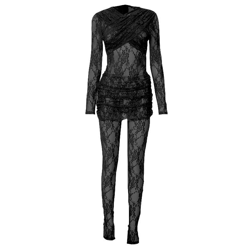 Gothic Chic Sheer Lace Mini Dress & Leggings Set - Perfect for Halloween & Fall Nights Out