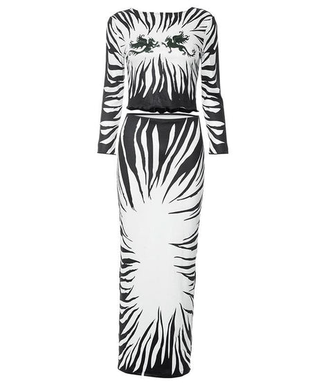 Fall Glam: Zebra Print Two-Piece Maxi Skirt Set with Mythical Graphic Crop Top - Statement Co-ord for Women
