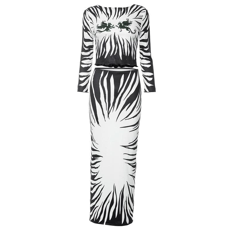 Fall Glam: Zebra Print Two-Piece Maxi Skirt Set with Mythical Graphic Crop Top - Statement Co-ord for Women