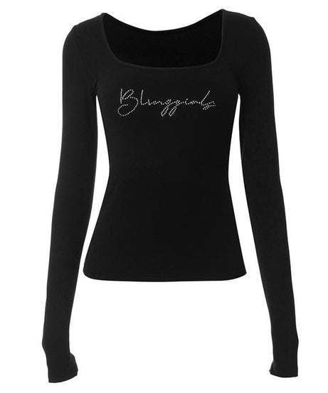 Dazzling Rhinestone Square Neck Long Sleeve Top - Chic Y2K Fall Style