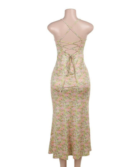 Golden Hour Glam: Autumn Bloom Floral Maxi Dress with Zesty Lime Lace Sweetheart Top