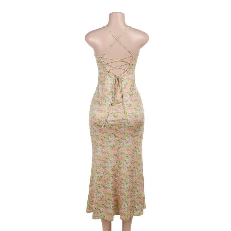 Golden Hour Glam: Autumn Bloom Floral Maxi Dress with Zesty Lime Lace Sweetheart Top