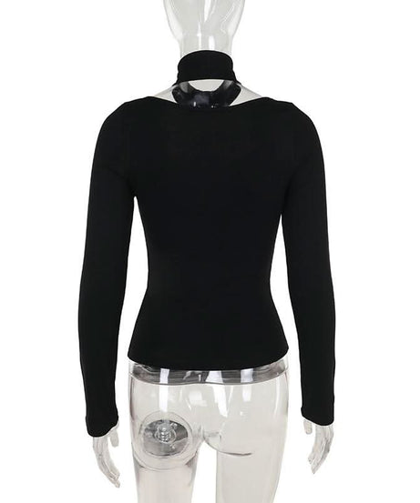 Sultry Black Lace-Up Corset Long Sleeve Top with Choker - Fall & Winter Edgy Chic
