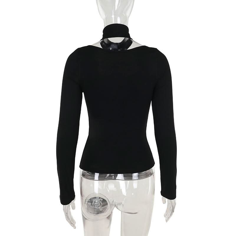 Sultry Black Lace-Up Corset Long Sleeve Top with Choker - Fall & Winter Edgy Chic