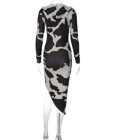 Fall Trend Alert: Cow Print Mock Neck Long Sleeve Bodycon Midi Dress with Asymmetrical Hem